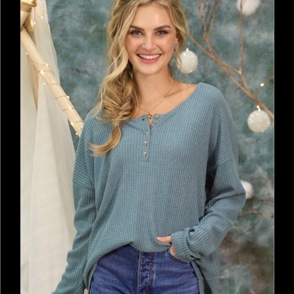 Ninexis Women's Blue Henley Top - oversized waffle knit long sleeve